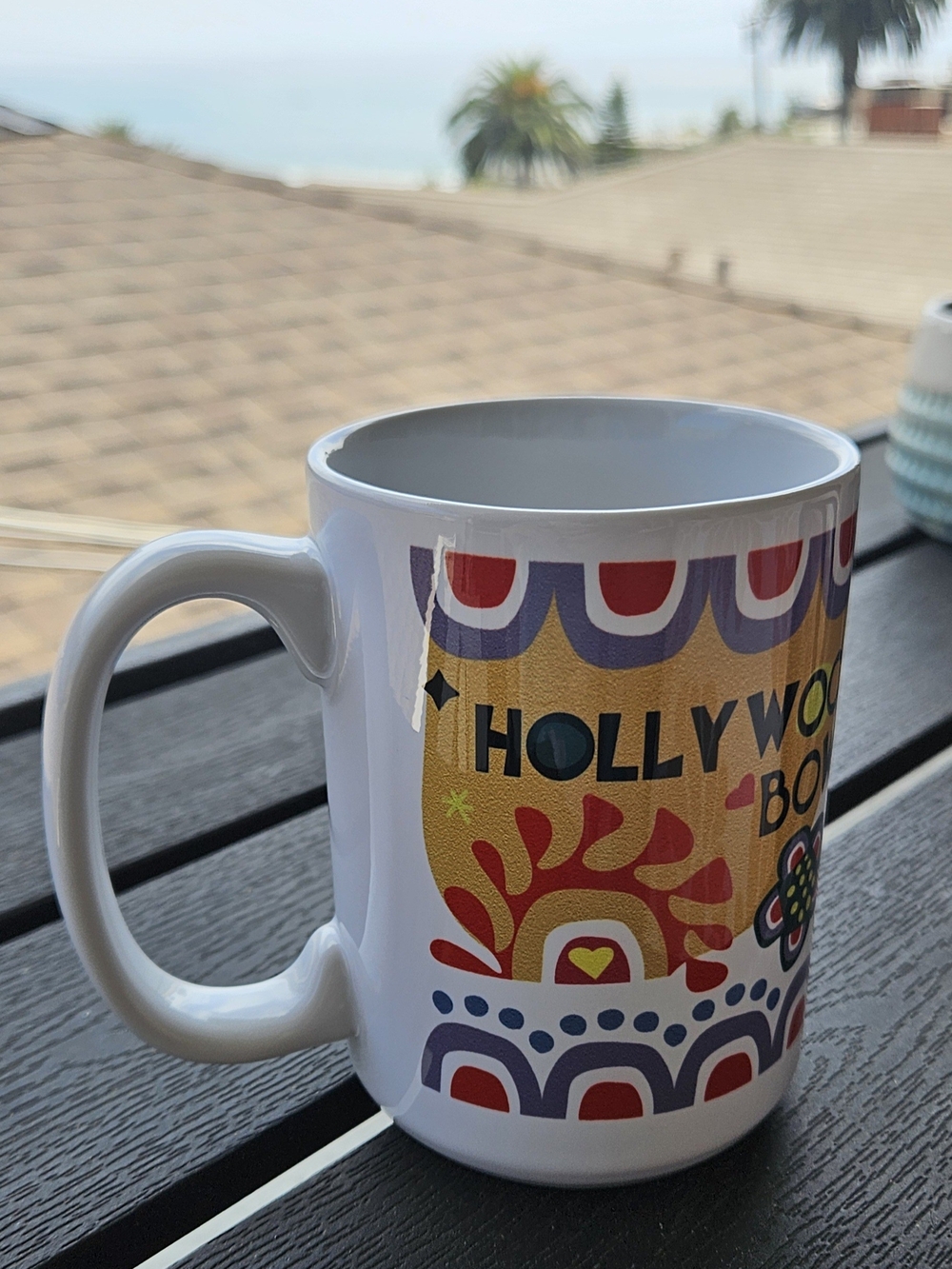 Colorful HOLLYWOOD BOWL ceramic Mug — White with Red, Blue & Gold Accents